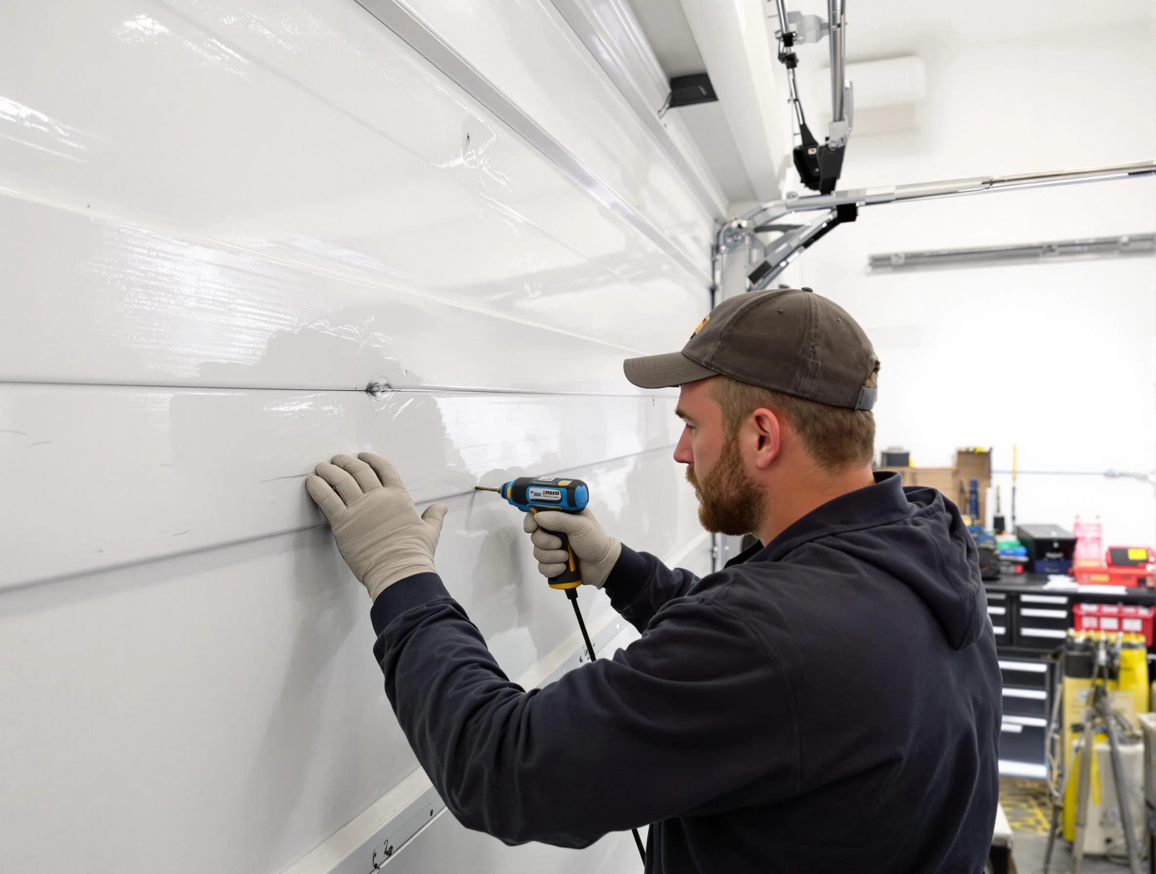 Dumbarton Garage Door Repair technician demonstrating precision dent removal techniques on a Dumbarton garage door